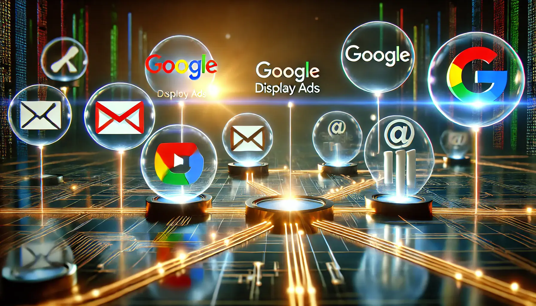 An image representing the integration of Google Display Ads with Google-owned platforms like YouTube, Gmail, and Google Finance, connected by glowing digital pathways.