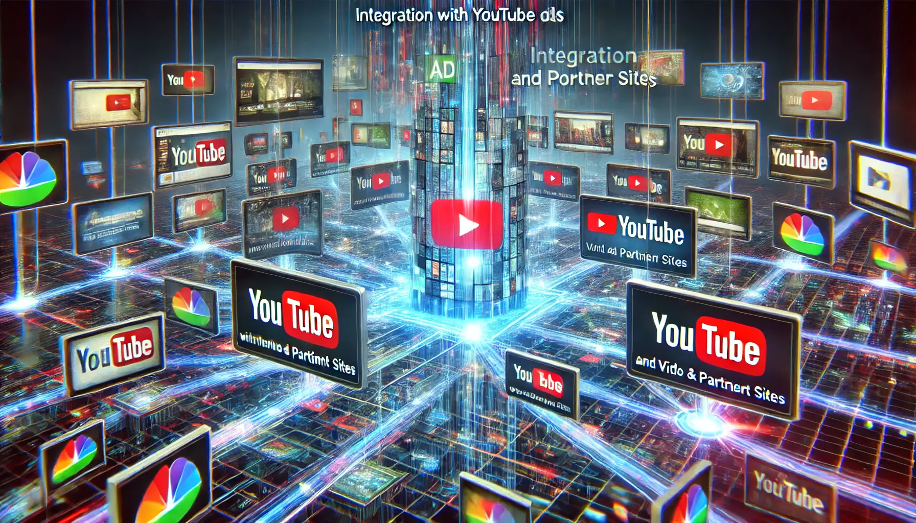 A futuristic depiction of advertisements seamlessly displayed across YouTube and partner sites in a connected ecosystem.