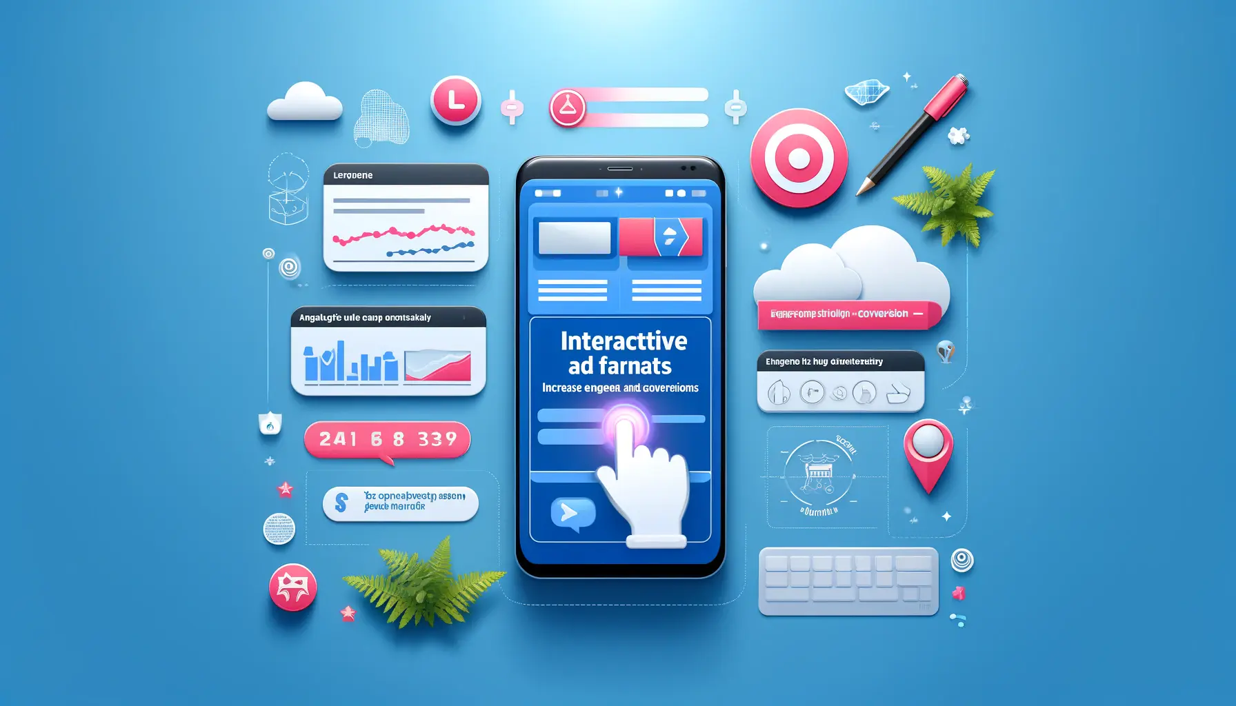 Illustration of interactive ad formats with a smartphone showing an engaging ad with swipe and tap options, along with engagement indicators.