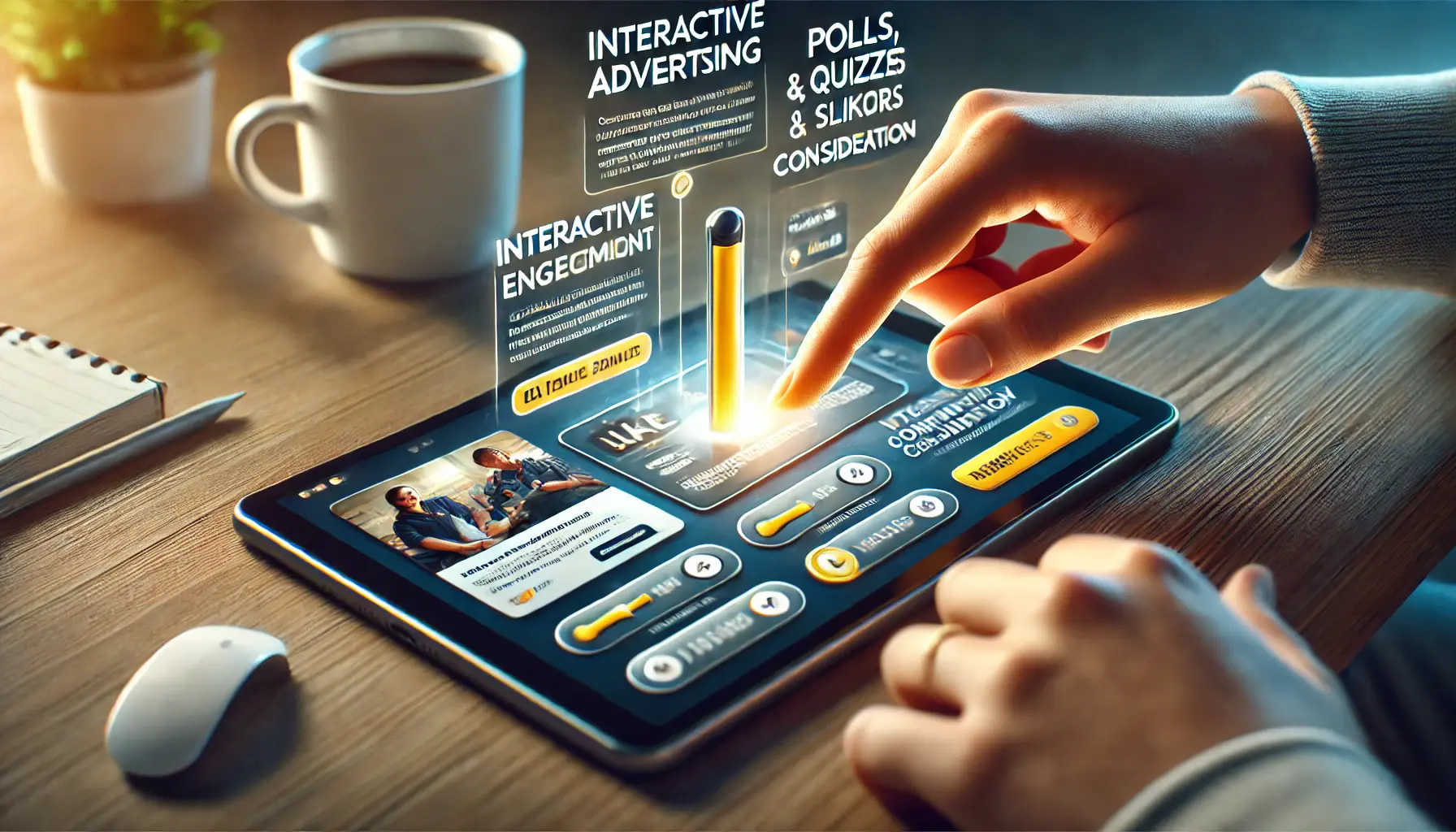 A consumer interacting with a digital ad featuring interactive elements like polls or quizzes, showcasing how interactive advertising drives engagement.