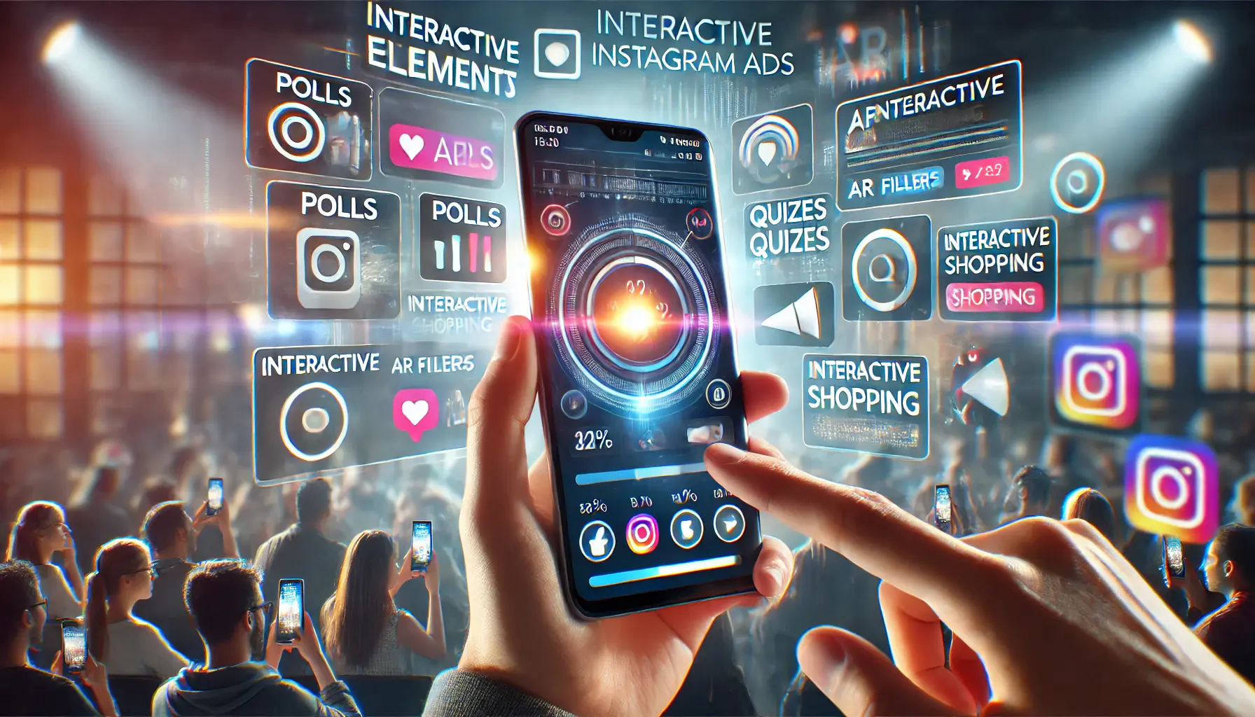 A digital marketing concept showcasing interactive Instagram ads with polls, quizzes, AR filters, and shopping options, highlighting user engagement.