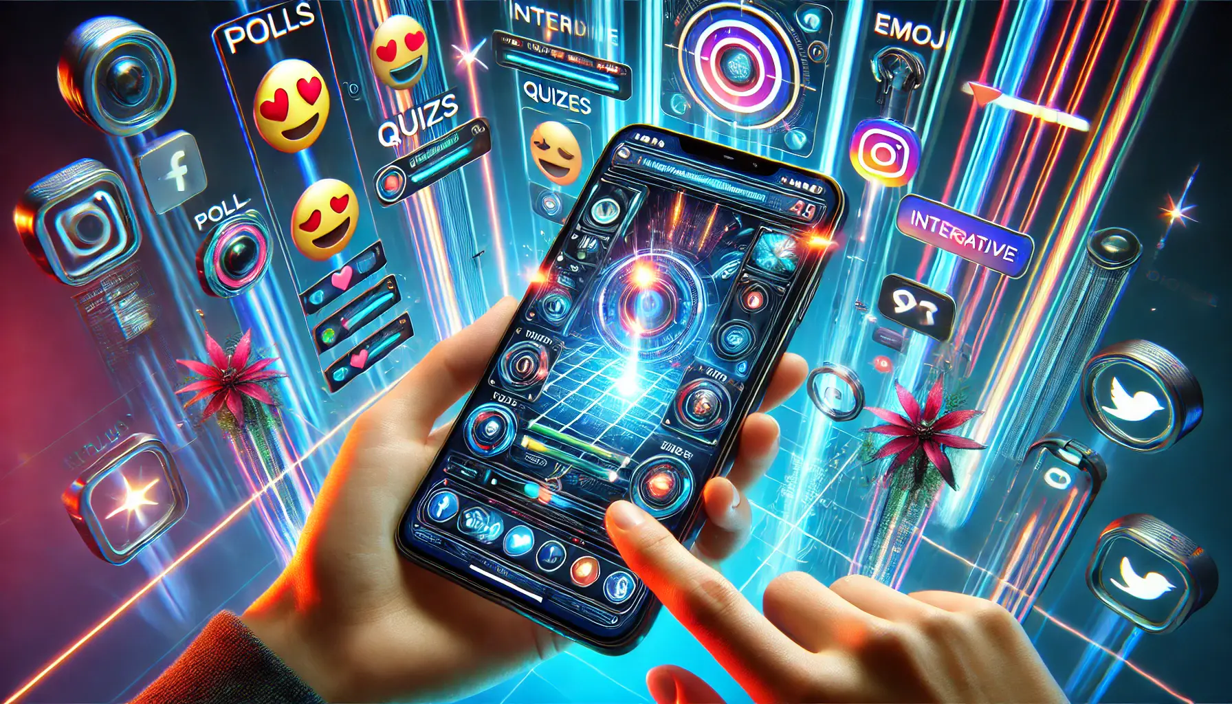 A futuristic digital marketing concept showcasing interactive Instagram ads with polls, quizzes, emoji sliders, and AR effects on a smartphone screen.