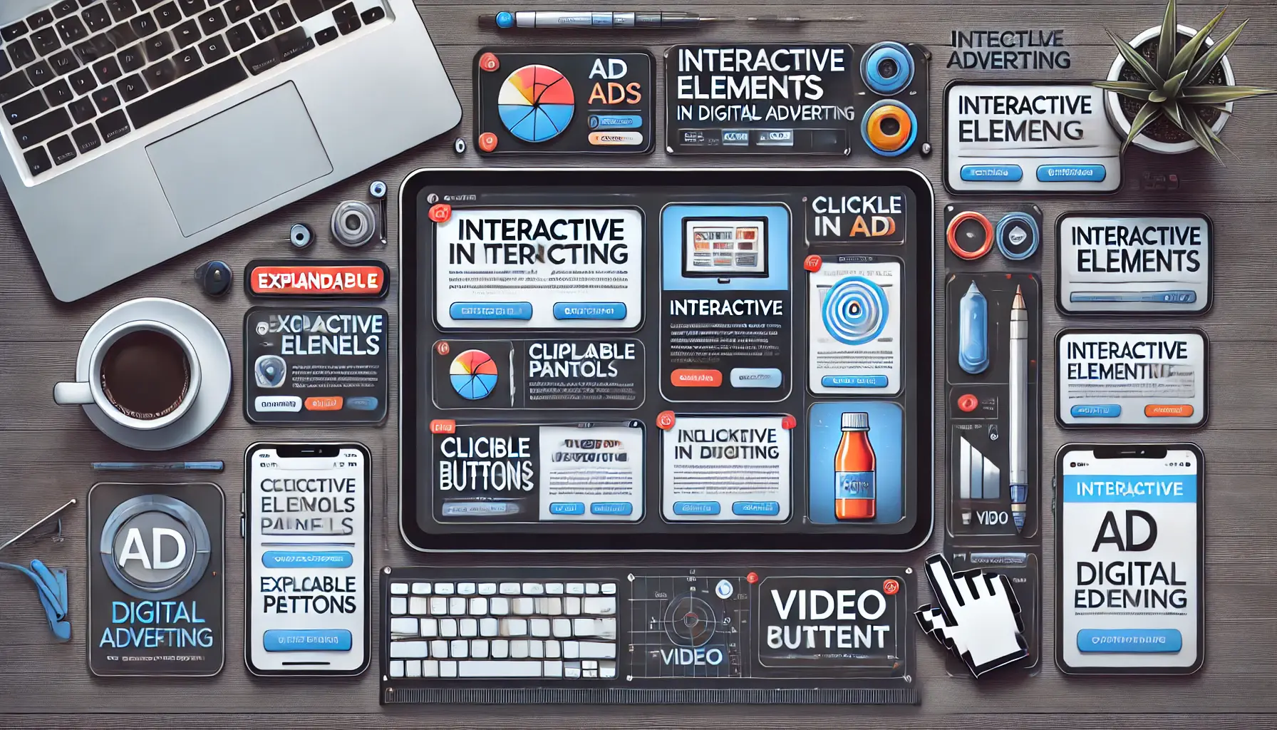 An image illustrating interactive elements in digital ads, such as expandable panels, clickable buttons, and video content on various devices like desktop, tablet, and mobile.