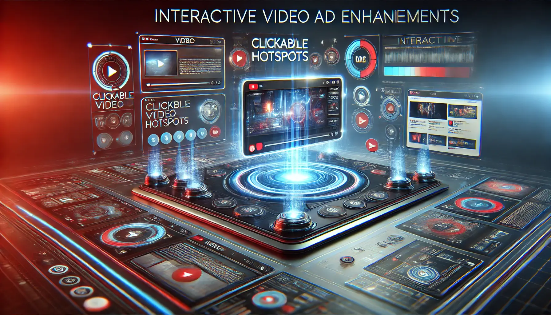 A futuristic interface showcasing interactive video ad features like clickable hotspots, call-to-action buttons, and product displays within a glowing digital environment.