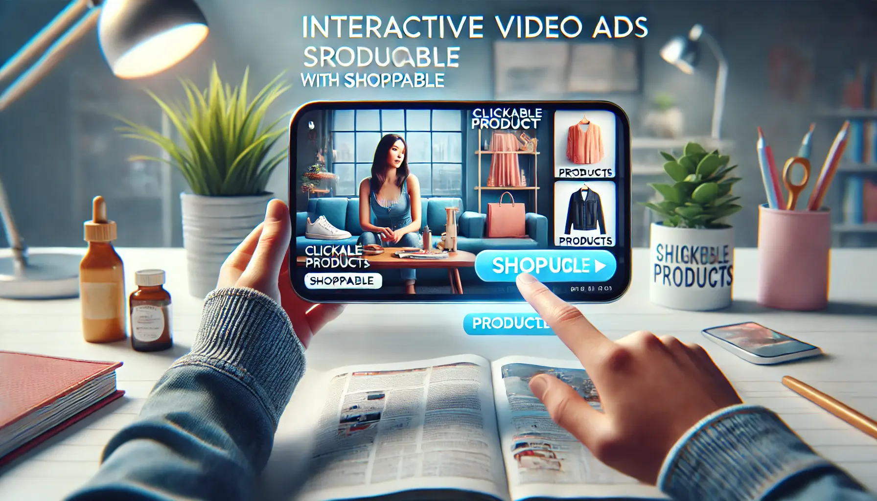 An illustration showing a user interacting with an interactive video ad on a smartphone, where clickable product links allow seamless shopping from the video.