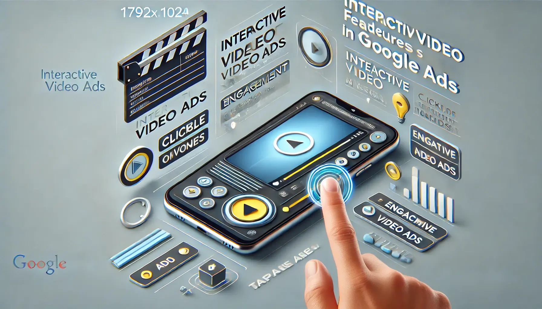 Illustration of interactive video features with a smartphone displaying a video ad with clickable overlays and engagement icons.