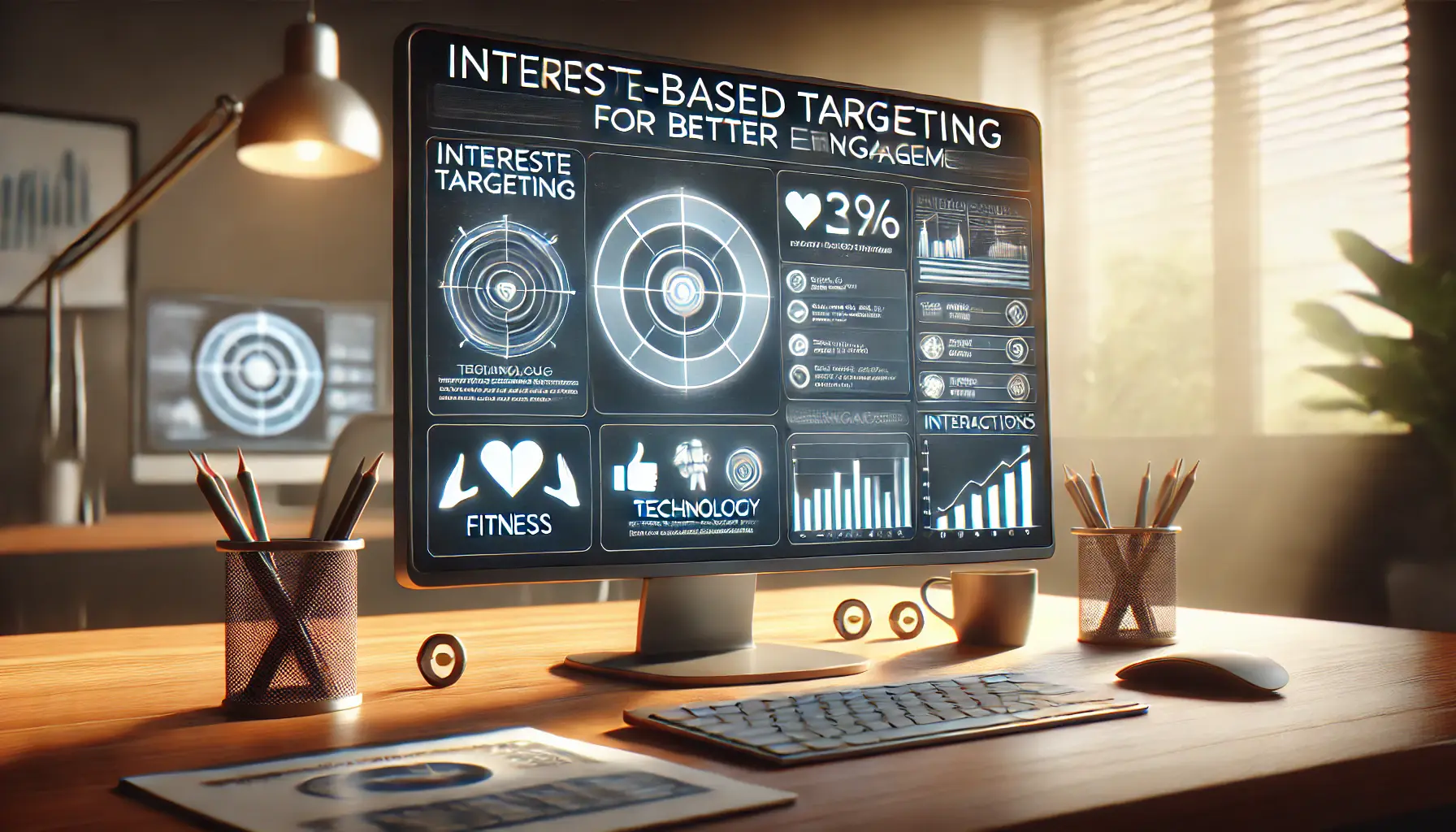 A computer screen displaying interest-based targeting options like fitness, technology, and travel, surrounded by engagement icons like hearts and thumbs-up.