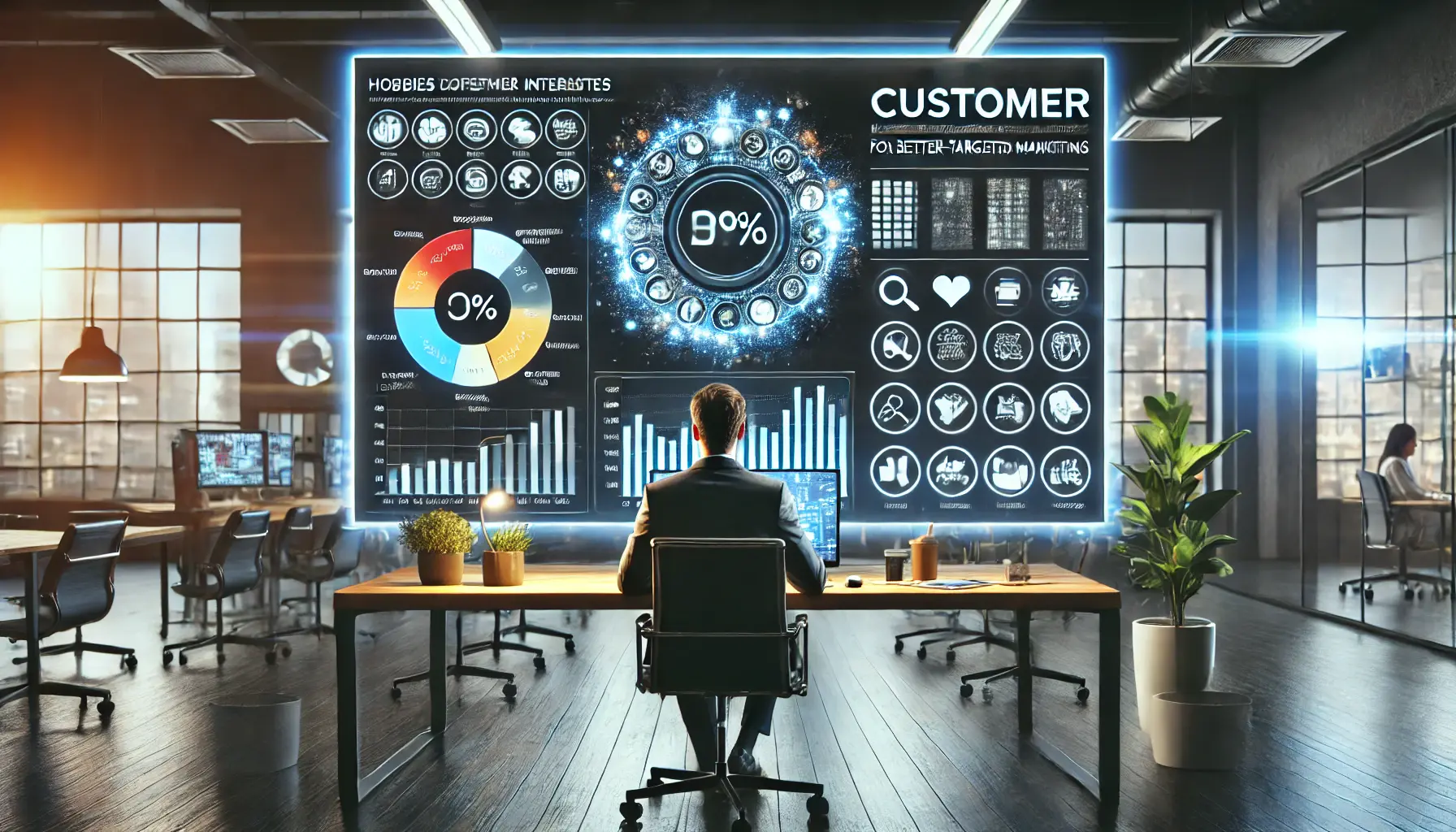 A digital marketer analyzing customer preferences and affinities on a screen displaying data on hobbies, lifestyle choices, and interests in a modern office.