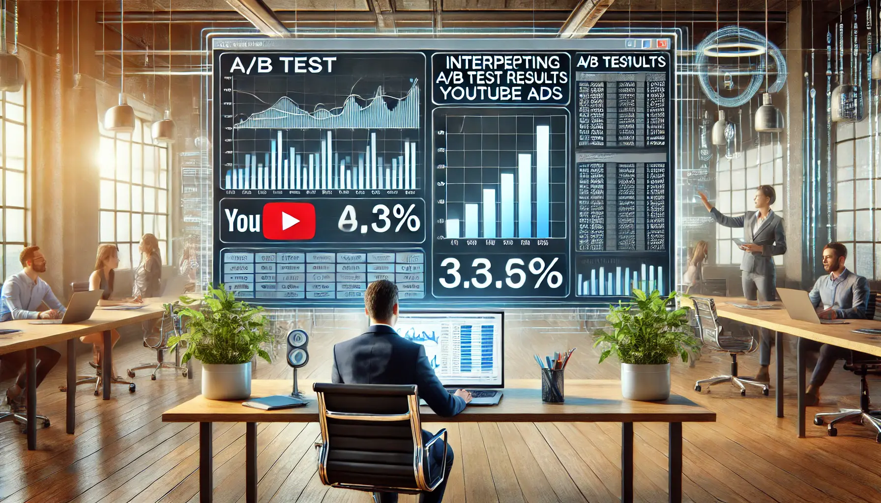 A visual representation of interpreting A/B test results for YouTube ads, with a digital dashboard showing performance metrics and a marketer analyzing the data.