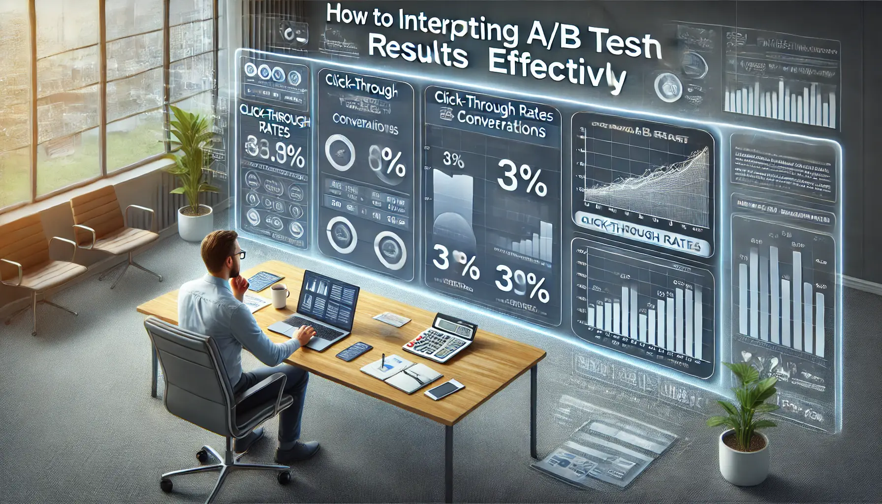 A digital marketer analyzing clear A/B testing results with graphs and charts comparing two ad variations in a modern office.