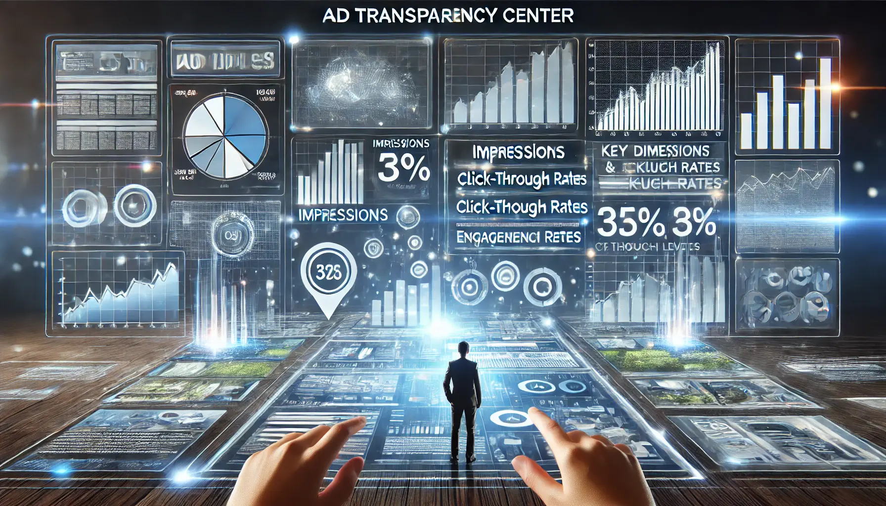 A conceptual visualization of a user interpreting ad data and metrics in the Ad Transparency Center, analyzing graphs, charts, and performance data.