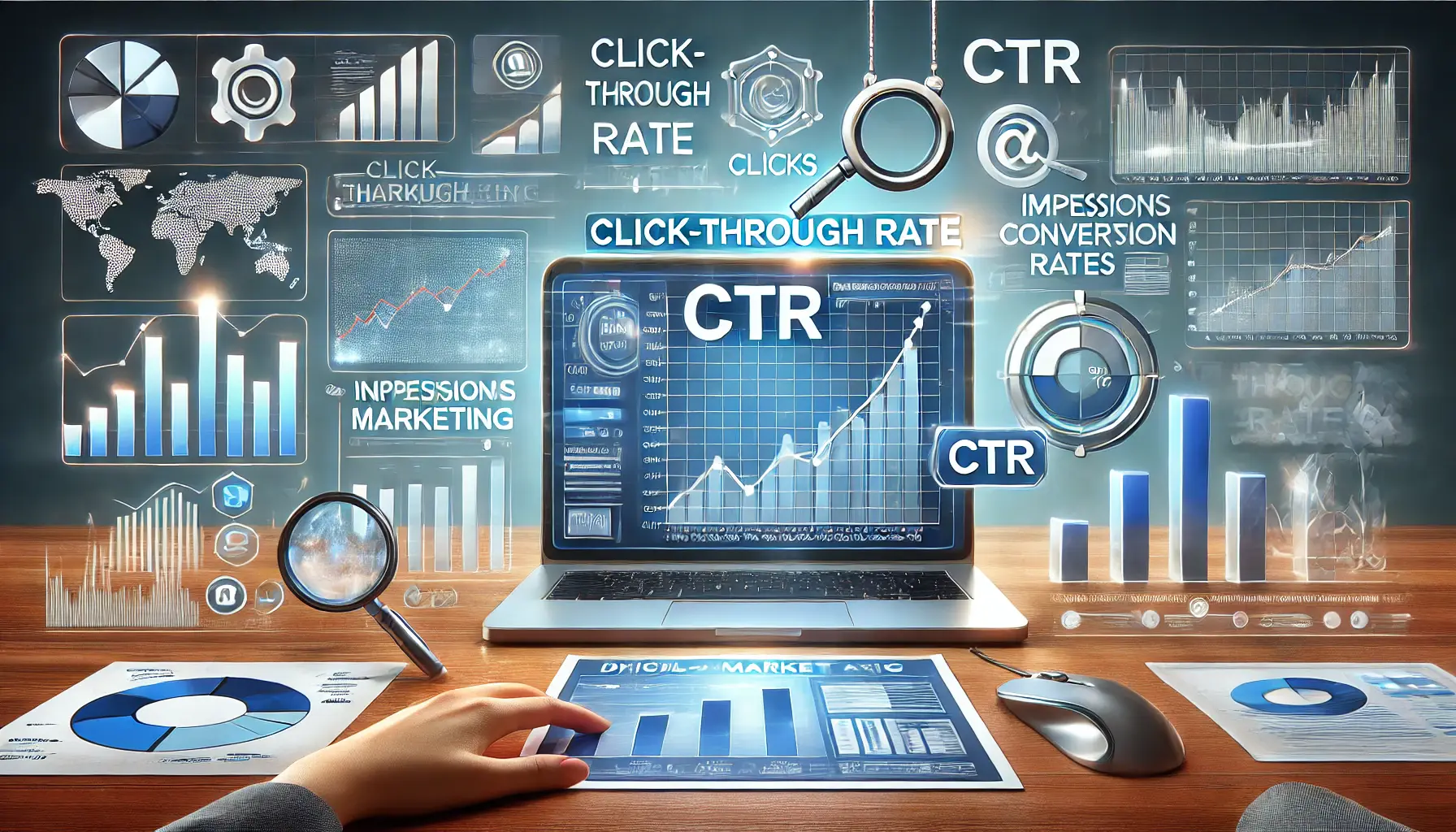 An illustration showing the interpretation of click-through rate (CTR) data with performance metrics, graphs, and heat maps on a computer screen.