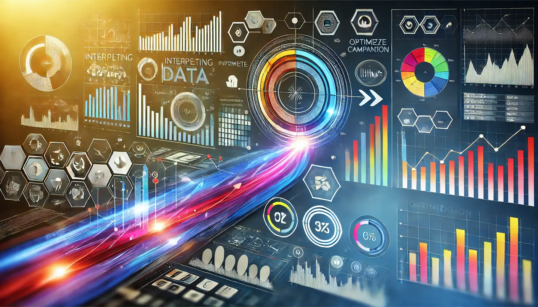 Abstract image of digital data charts, metrics, and visual indicators symbolizing data interpretation for campaign optimization.