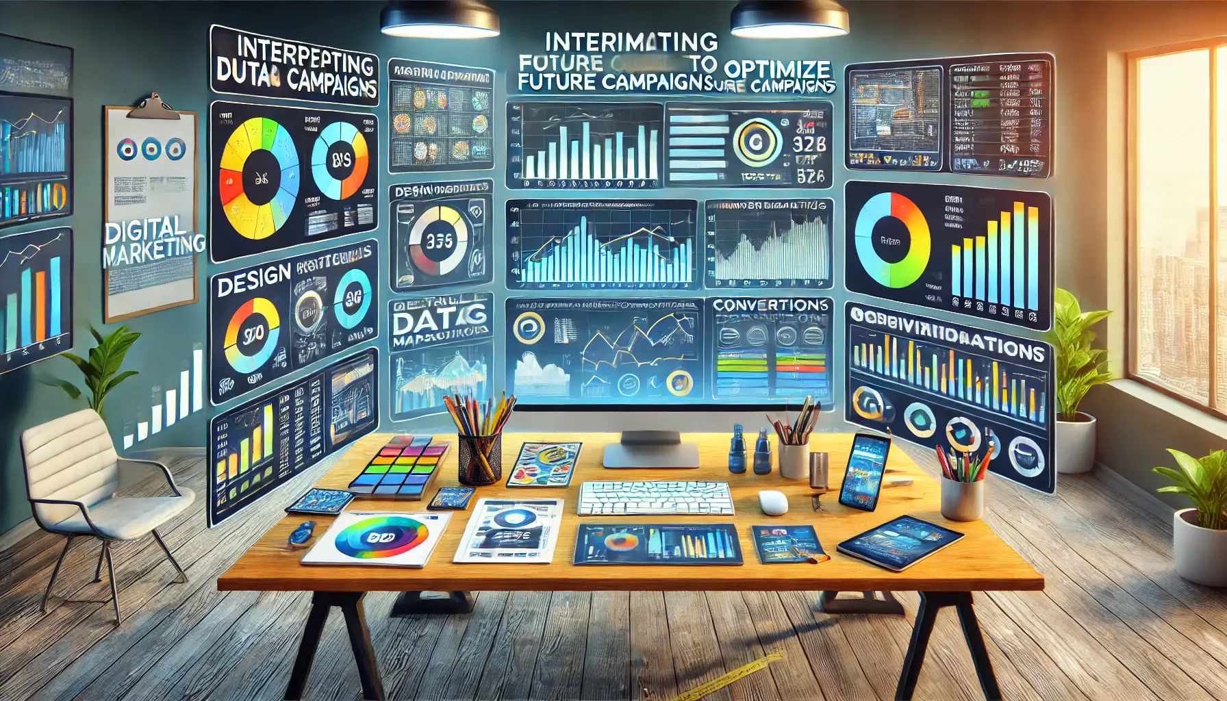 A digital workspace with multiple screens displaying data analysis, including bar charts, graphs, and key metrics like conversion rates and audience demographics.