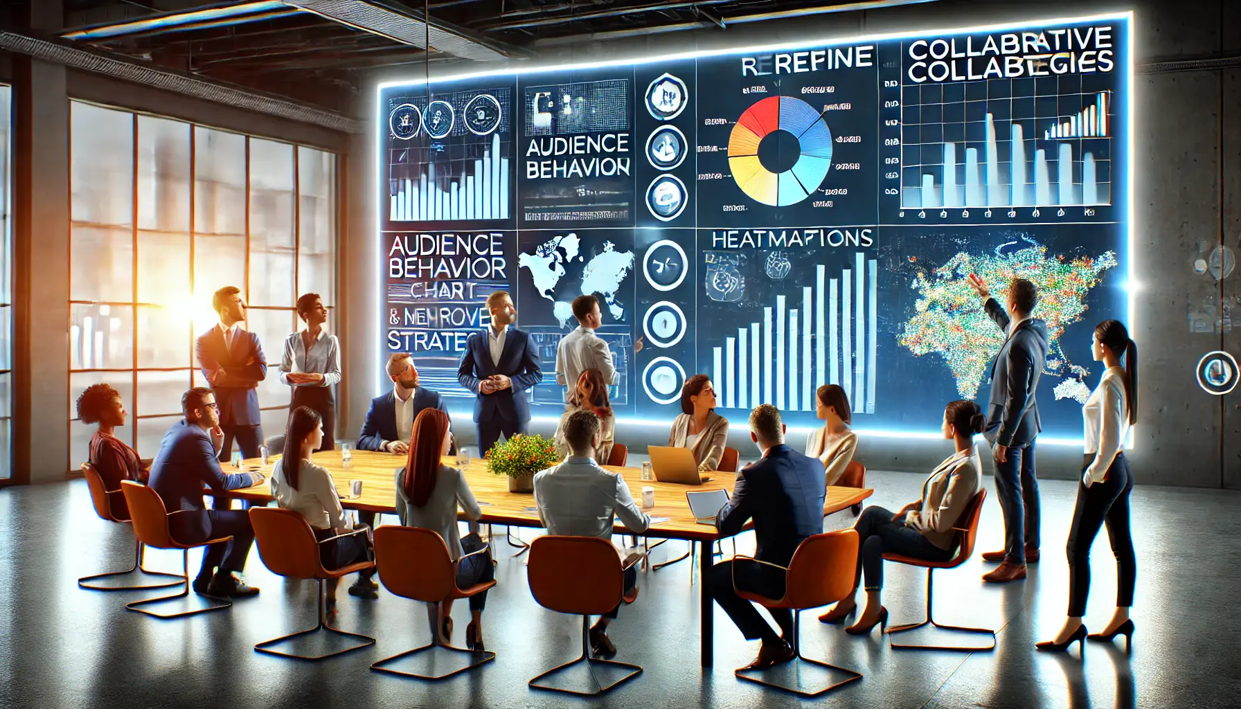 Marketers discussing insights displayed on a digital screen with data visualizations in a modern workspace.