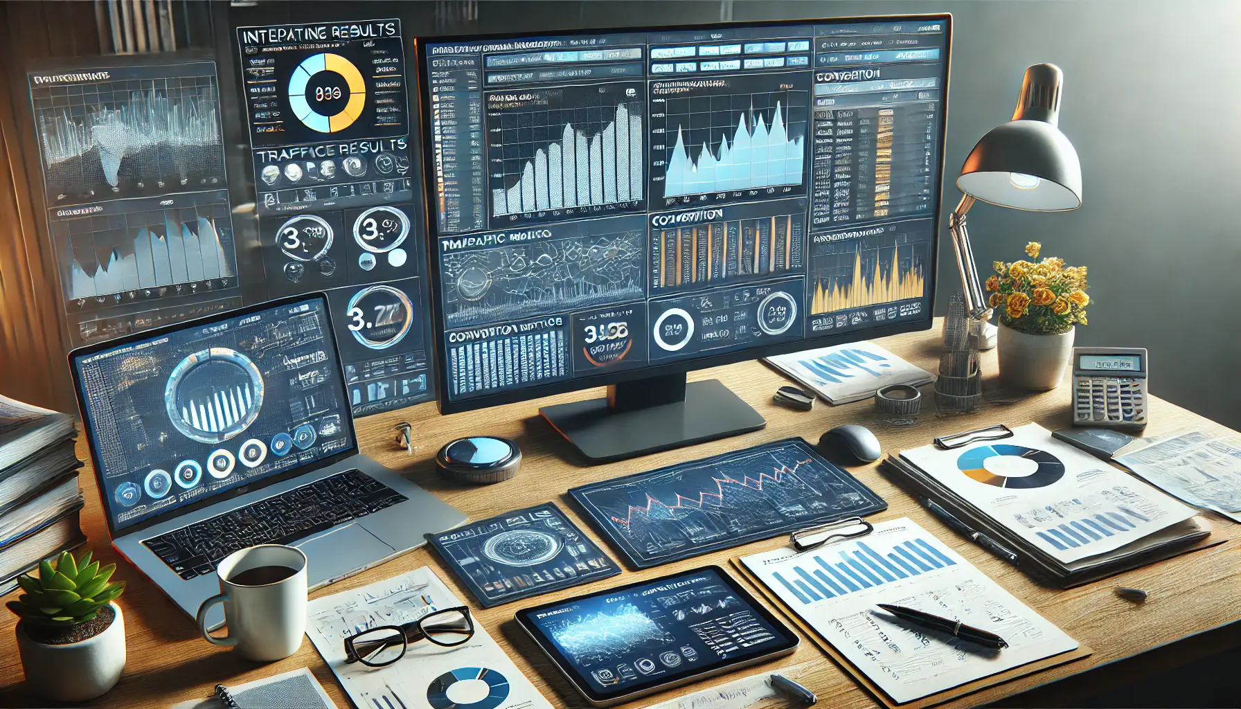 A digital marketing workspace with a monitor displaying performance reports, including traffic analysis, conversion metrics, and trends.