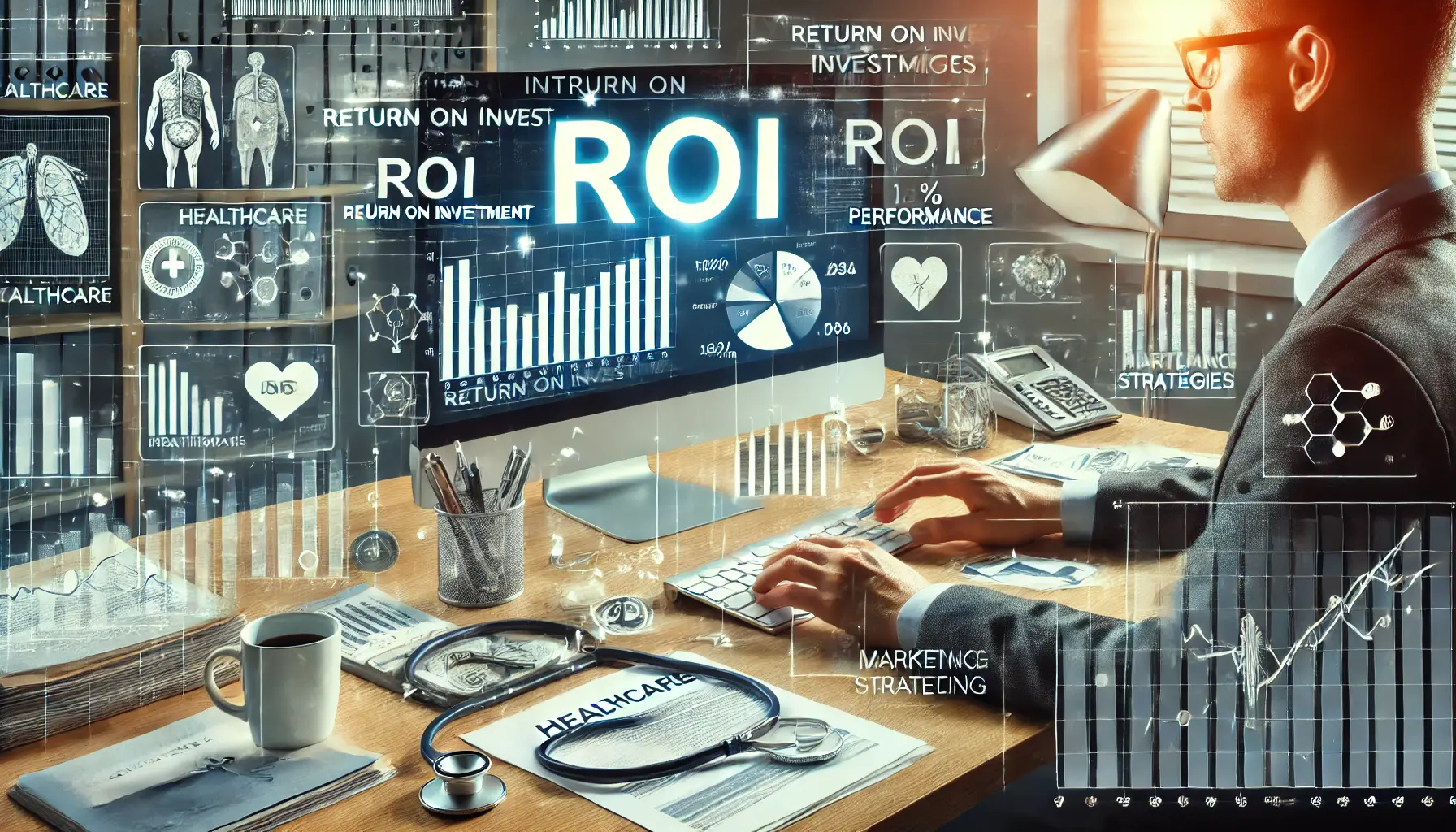 A healthcare marketer analyzing ROI data on a computer screen, surrounded by marketing notes, charts, and medical elements.