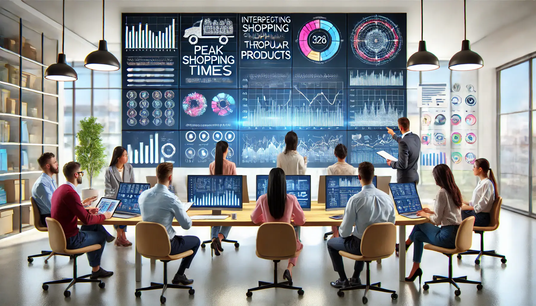 Group of analysts reviewing shopping patterns on large data dashboards in a modern office.