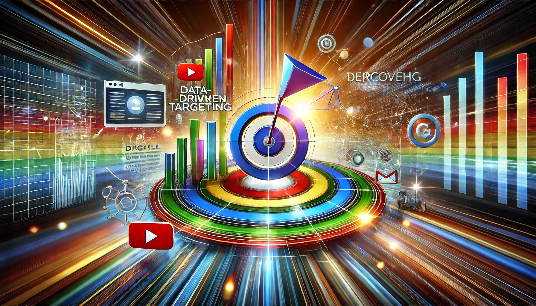 Abstract representation of digital ads targeting specific audiences across platforms like YouTube, Discover, and Gmail.