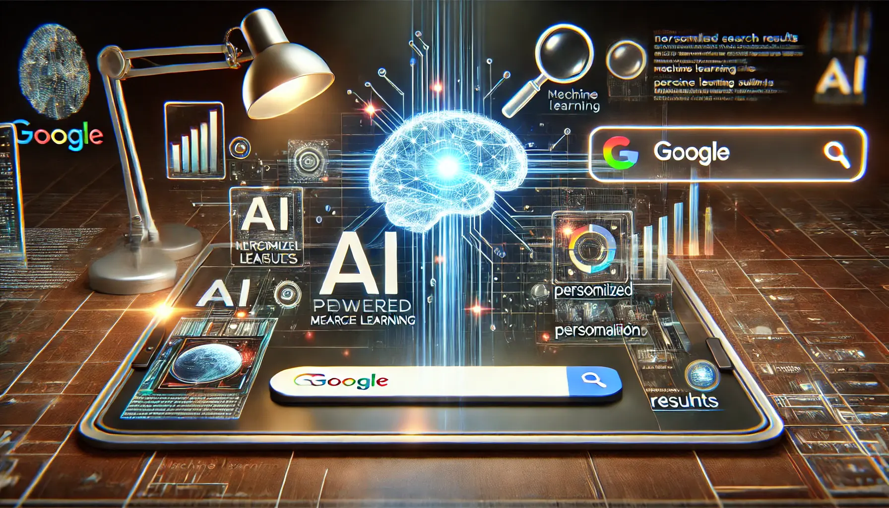 Futuristic representation of AI-driven search results with glowing AI brain symbol integrated into a search engine interface.