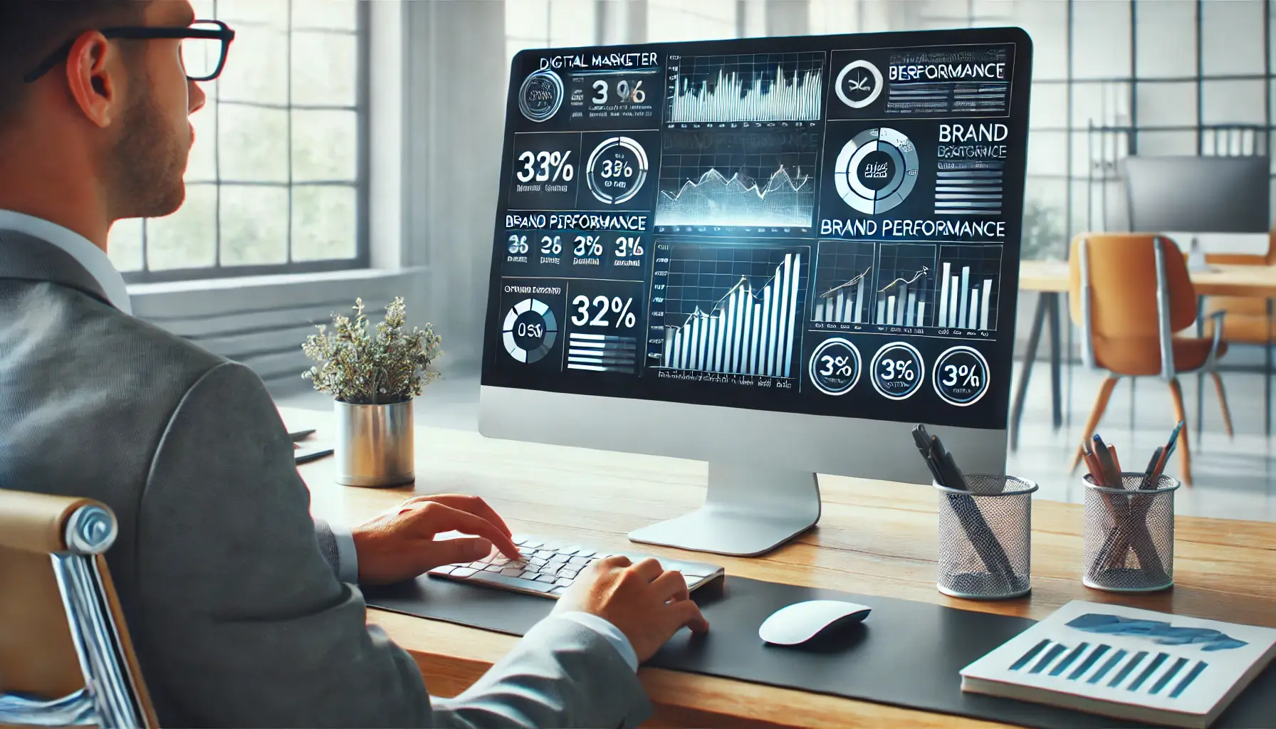 Digital marketer reviewing brand performance metrics on a computer screen.