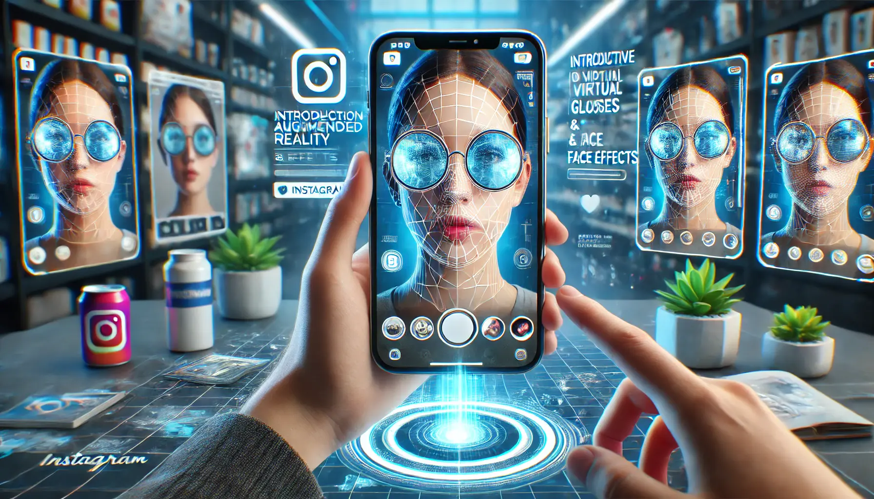 A digital marketing concept showcasing a smartphone screen with an interactive Instagram AR filter, where a user tries on virtual glasses or face effects in real-time.