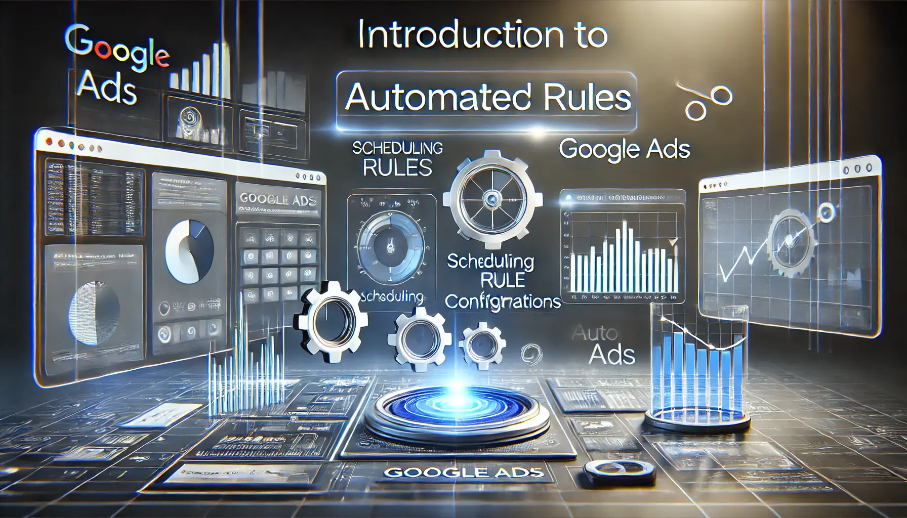 A dynamic Google Ads dashboard interface with scheduling tools, rule configurations, and performance graphs, symbolizing automated campaign management.