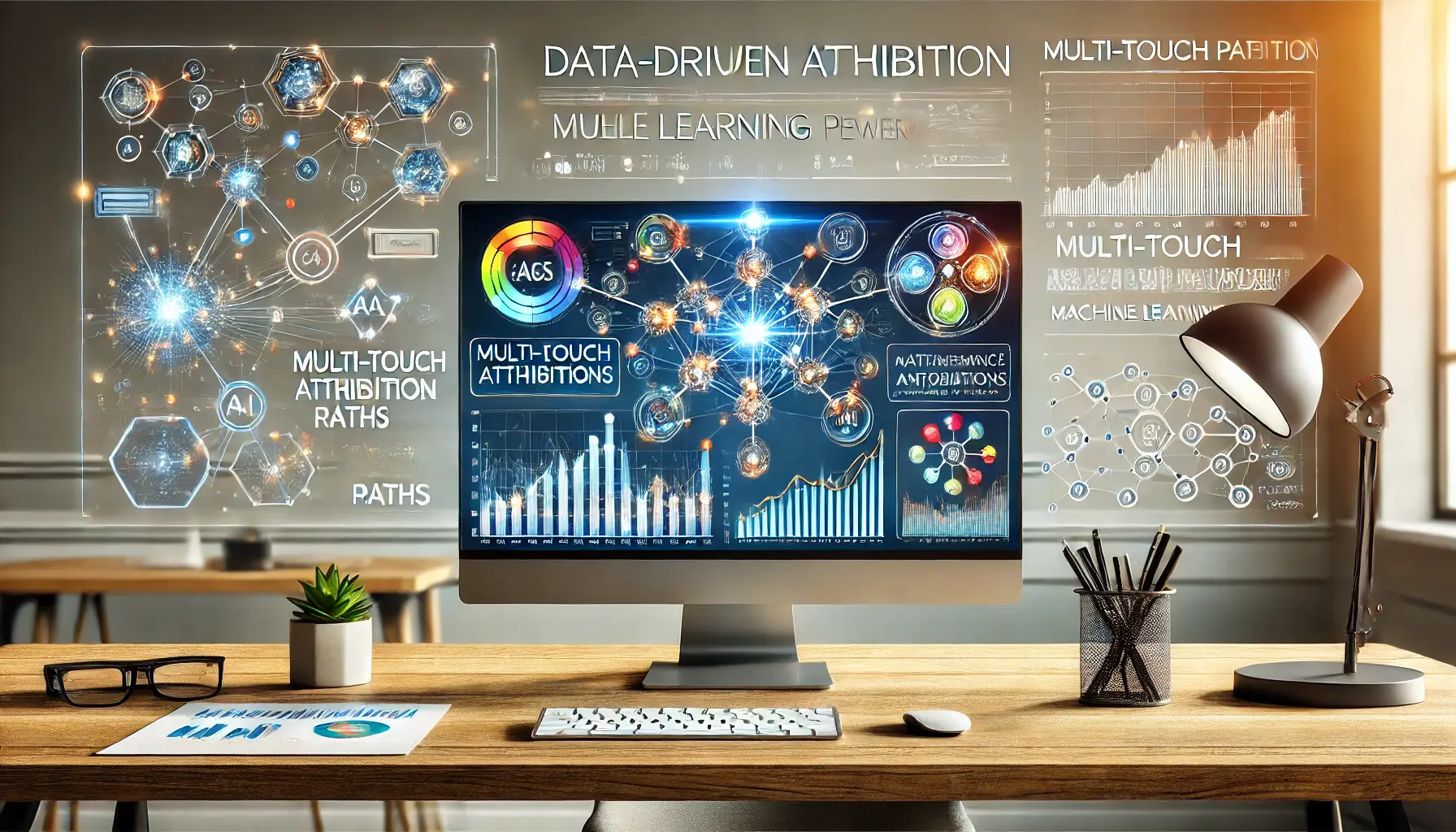 A modern workspace displaying complex data visualizations and interconnected nodes, representing Data-Driven Attribution in Google Ads.