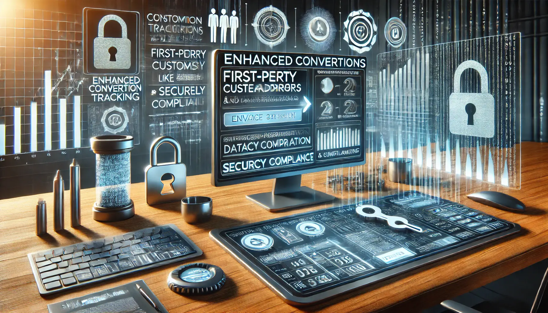 An image showing a digital dashboard displaying conversion data with first-party customer data being securely hashed and transferred, symbolizing enhanced conversions.