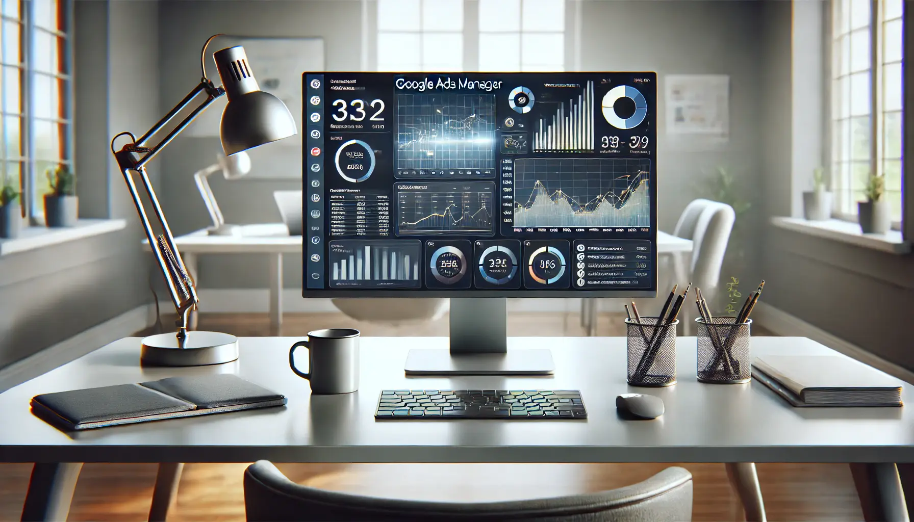 A digital workspace with a computer screen displaying analytics and charts, representing the Google Ads Manager platform.