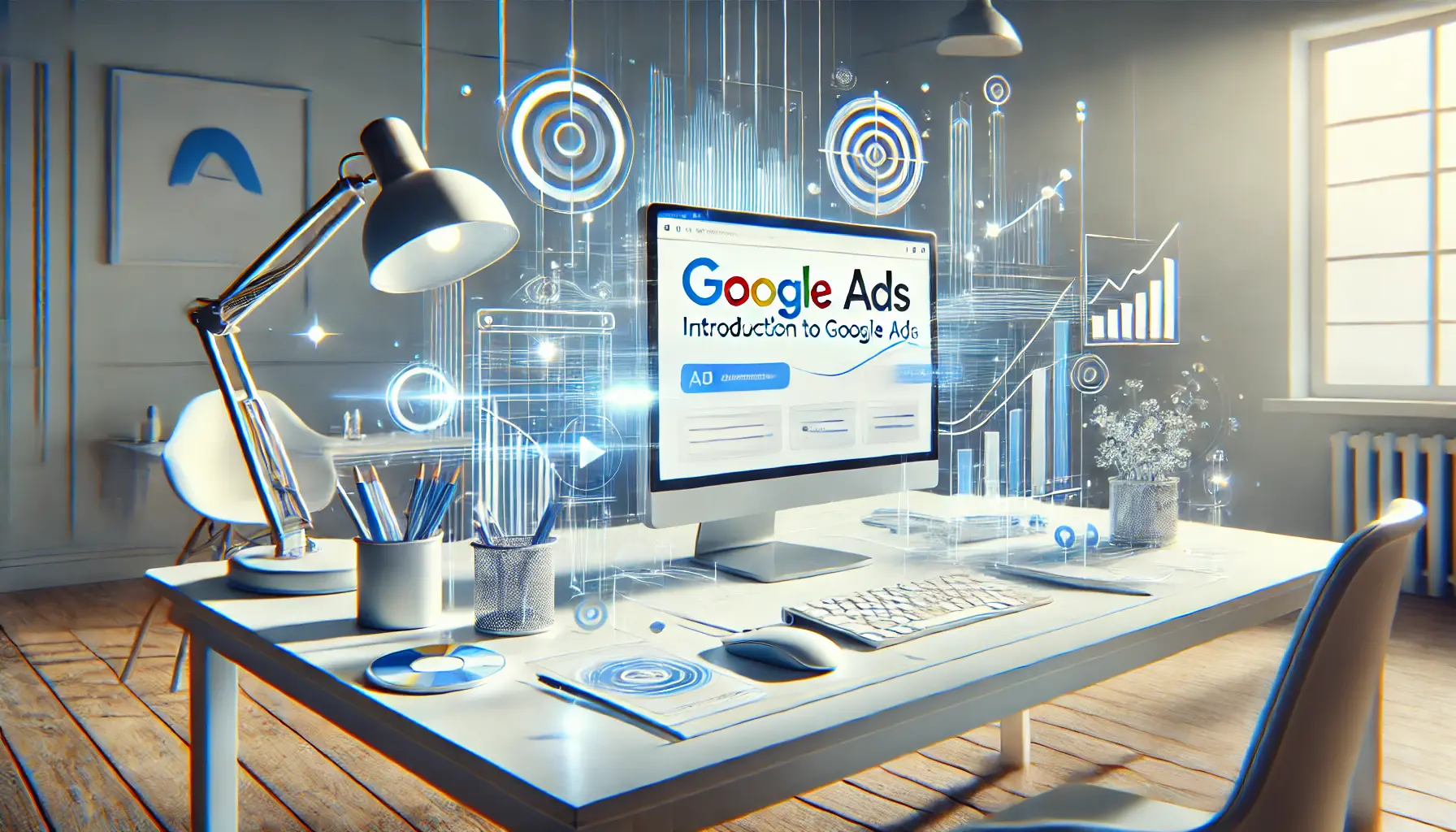 An illustration of a Google Ads interface on a computer screen in a vibrant workspace, surrounded by digital marketing elements like graphs and charts.