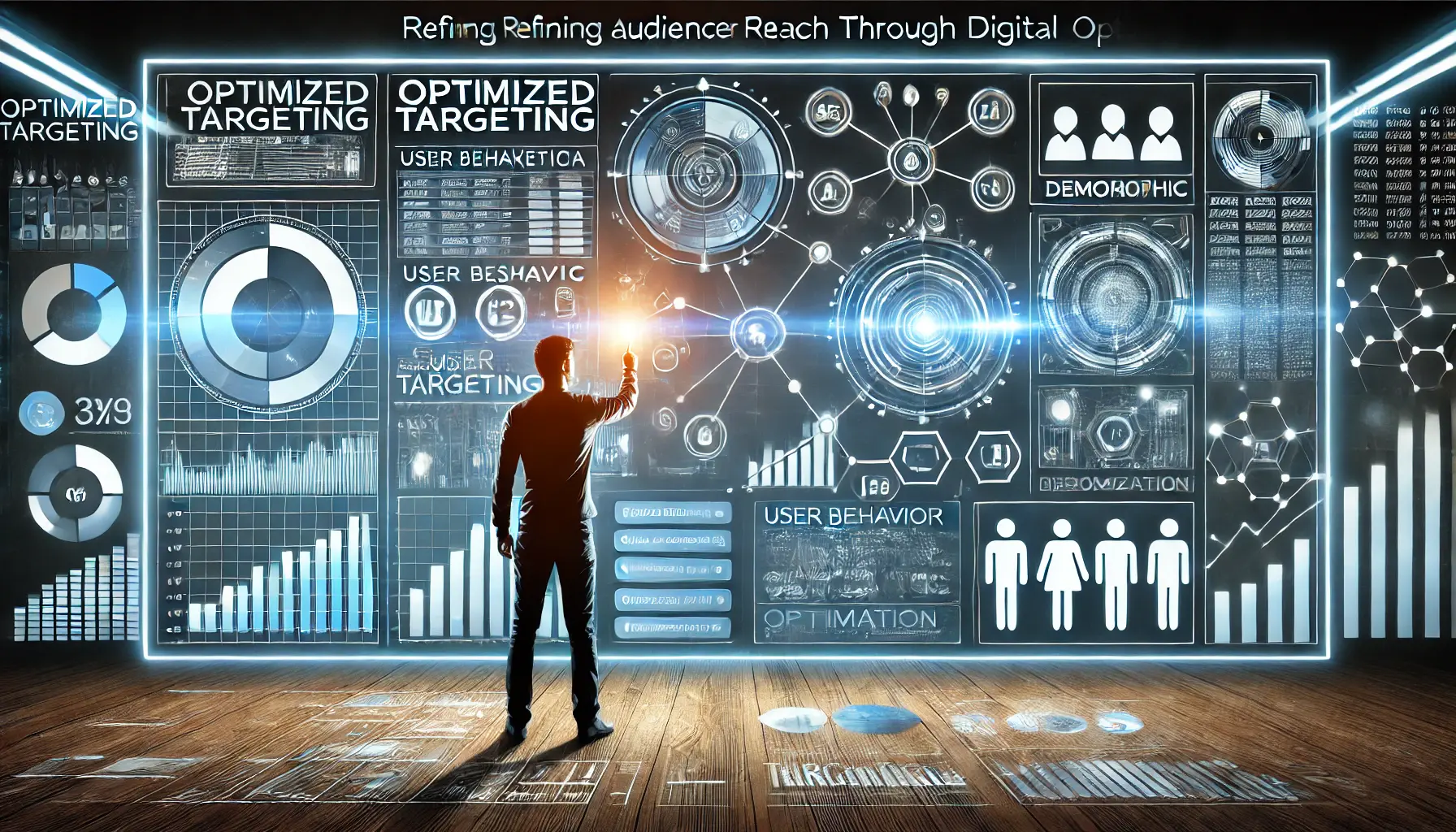 An image illustrating optimized targeting in digital advertising, with a marketer interacting with a data-driven dashboard.