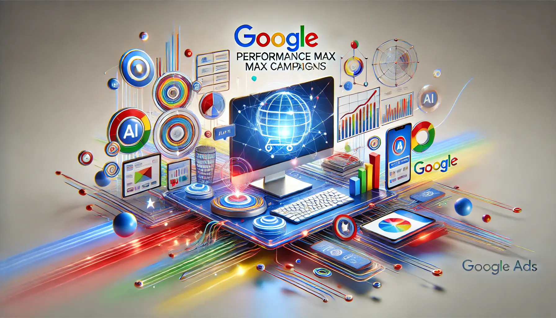 A futuristic representation of Google Ads' Performance Max campaigns with interconnected digital platforms and abstract lines representing AI-driven optimization.