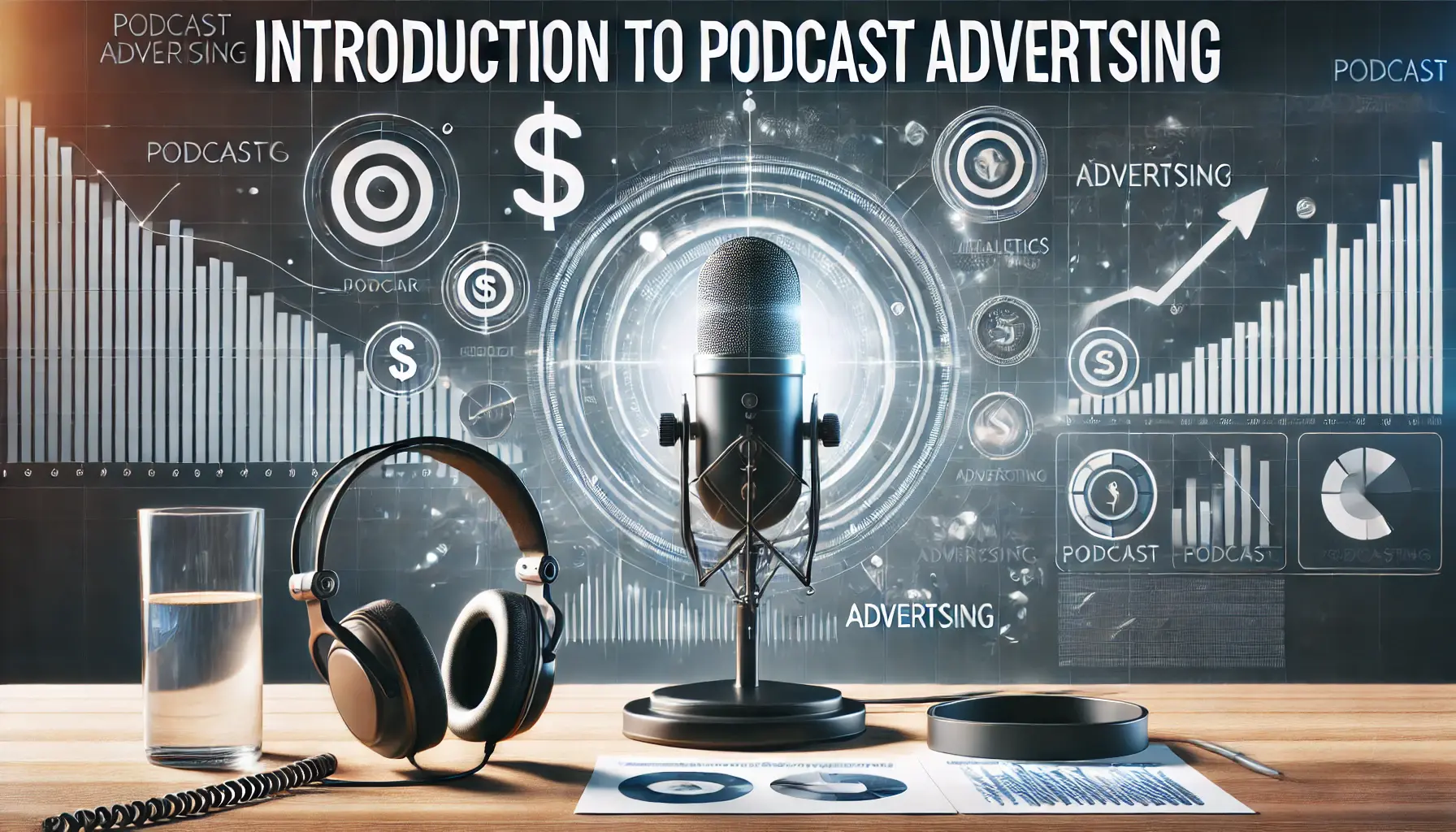 A digital illustration of a professional podcast studio with microphones, headphones, and sound equipment, surrounded by subtle advertising symbols like a dollar sign, target icon, and analytics graph.