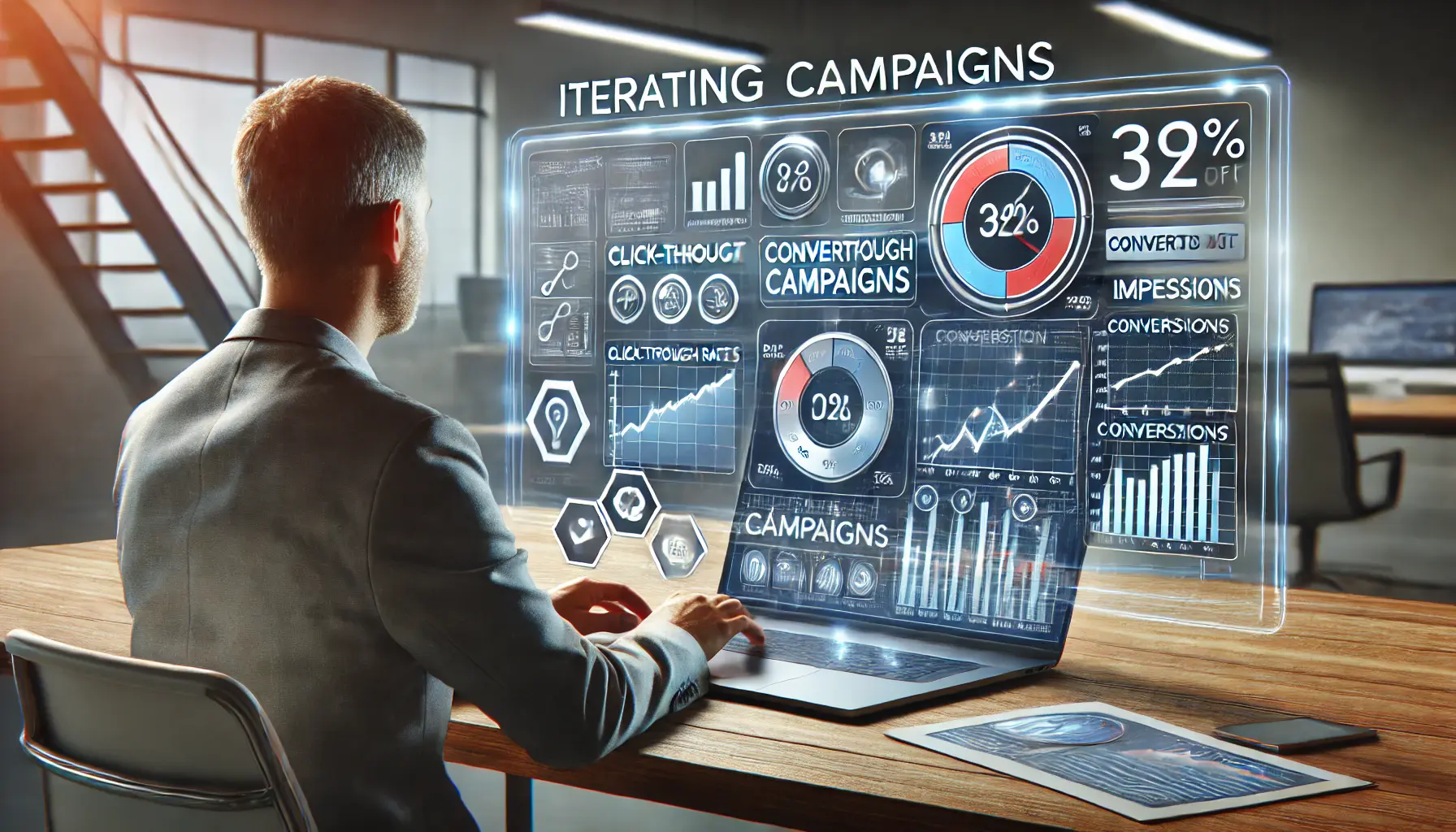 A person analyzing campaign data on a laptop, with graphs and charts showing performance metrics and optimization adjustments in a modern workspace.