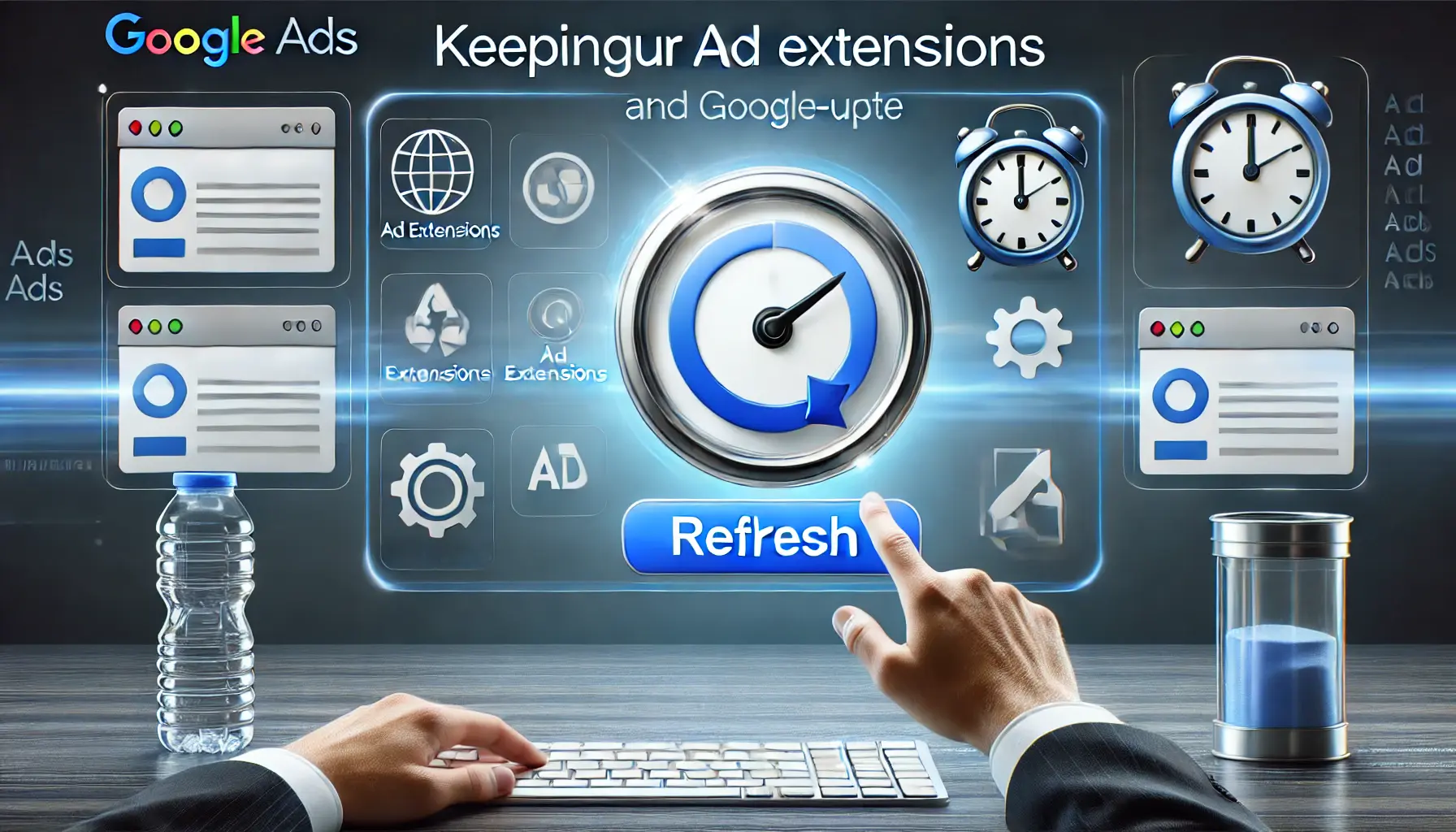 An image depicting the importance of keeping ad extensions relevant and up-to-date in Google Ads, with visual elements like a refresh symbol and a clock icon.