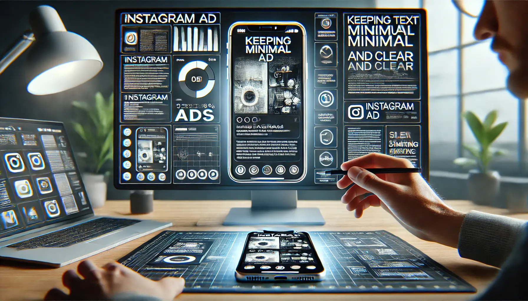 A digital marketing concept featuring a designer optimizing an Instagram ad layout on a large screen, ensuring a clean composition with minimal text and strong visuals.