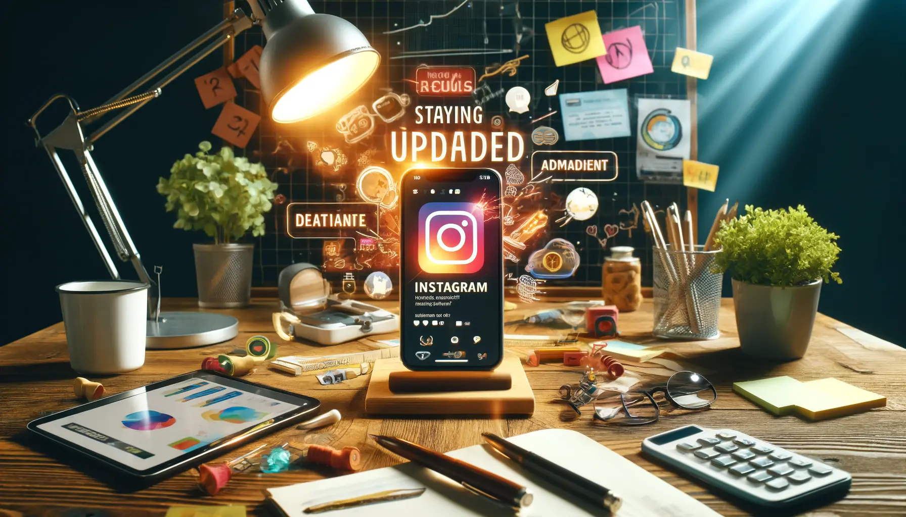 A smartphone displaying an Instagram Reel with trending content surrounded by a tablet showing analytics, sticky notes with creative ideas, and social media props.