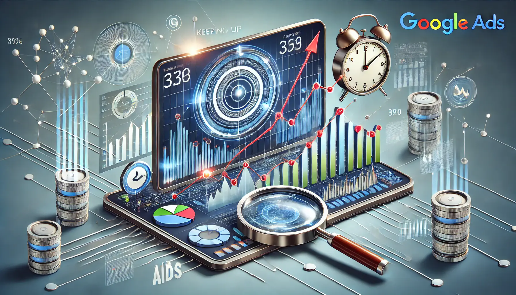 A digital dashboard displaying dynamic graphs and real-time analytics, surrounded by elements like a magnifying glass analyzing trends and a clock symbolizing adaptability.