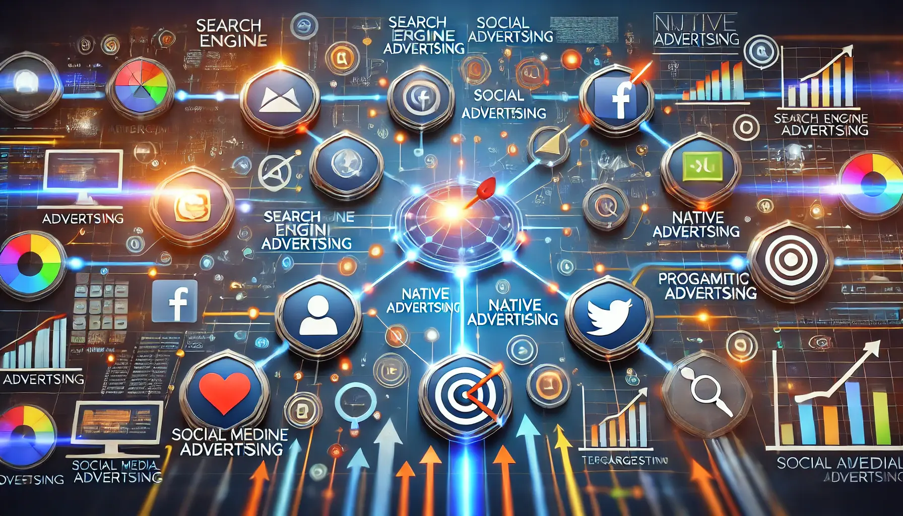 A visual representation of key digital advertising channels, including search engine, social media, native, and programmatic advertising, with digital elements symbolizing effectiveness and precision.