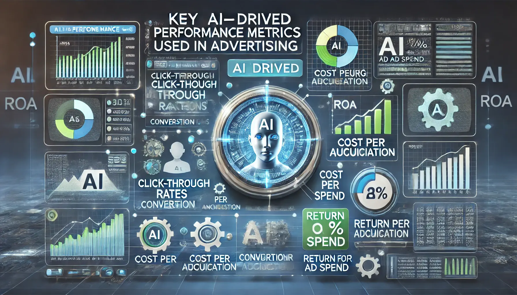 Digital dashboard displaying key AI-driven performance metrics like click-through rates, conversion rates, and return on ad spend.