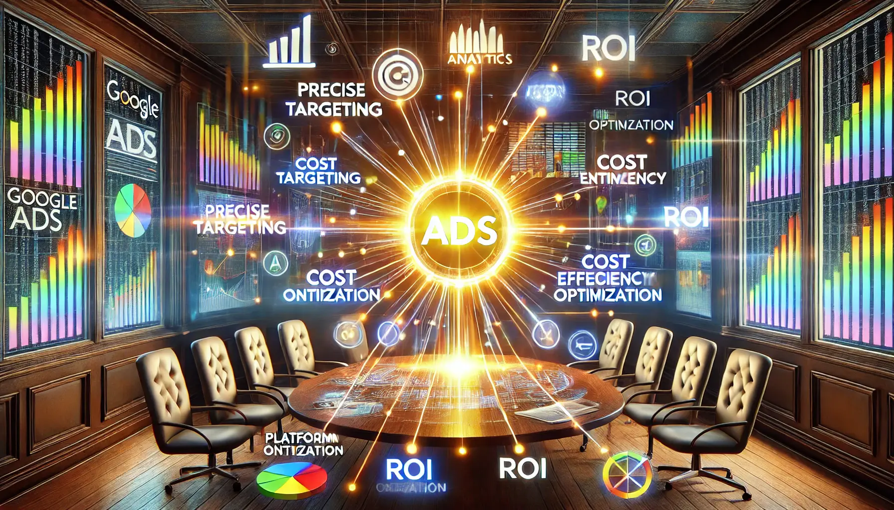 A glowing hub representing Google Ads surrounded by icons for precise targeting, analytics, cost efficiency, ROI optimization, and platform integration, connected by radiating lines.