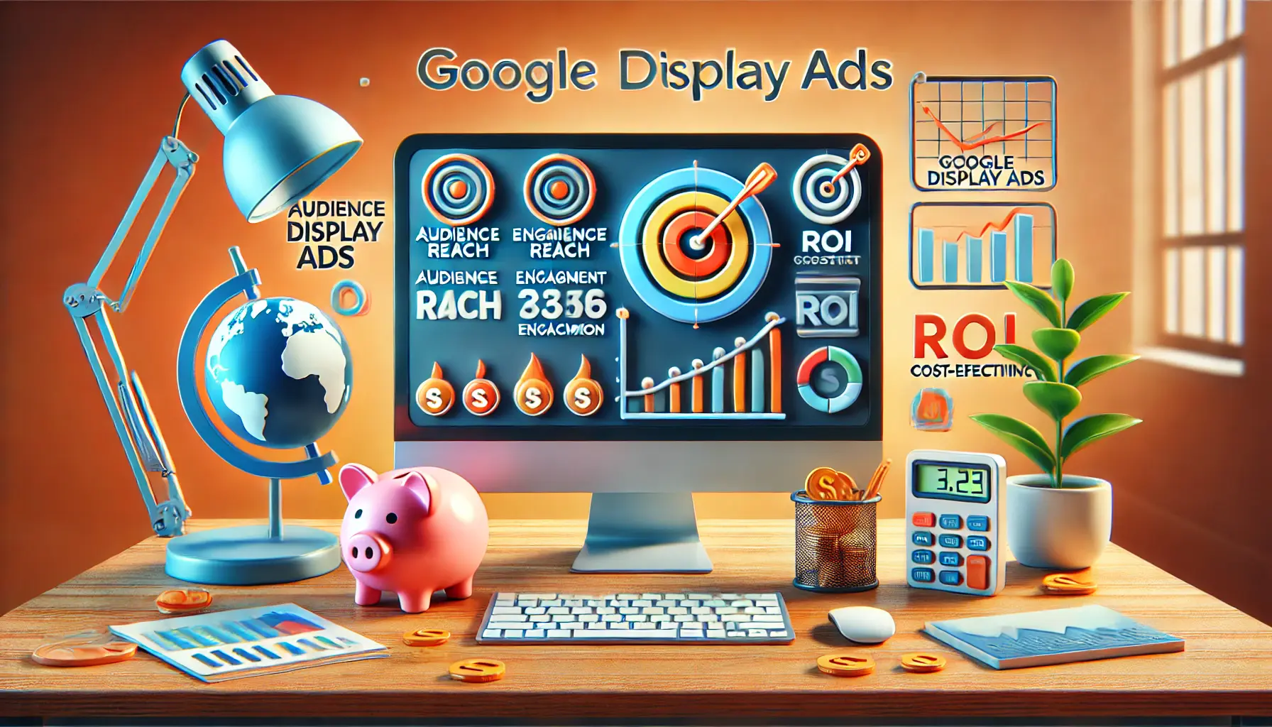 A vibrant workspace showcasing a computer with a dashboard displaying metrics like audience reach, engagement, and ROI analytics, surrounded by icons representing the benefits of Google Display Ads.