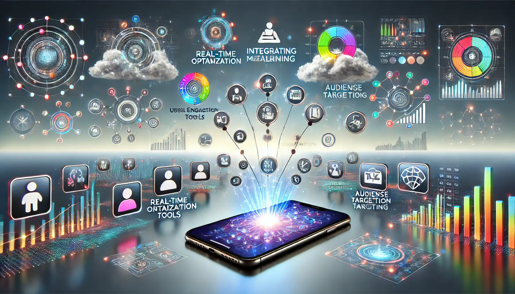 A visual representation of the key benefits of machine learning in app ads, with mobile devices, user engagement icons, and glowing data flows symbolizing audience targeting and optimization.