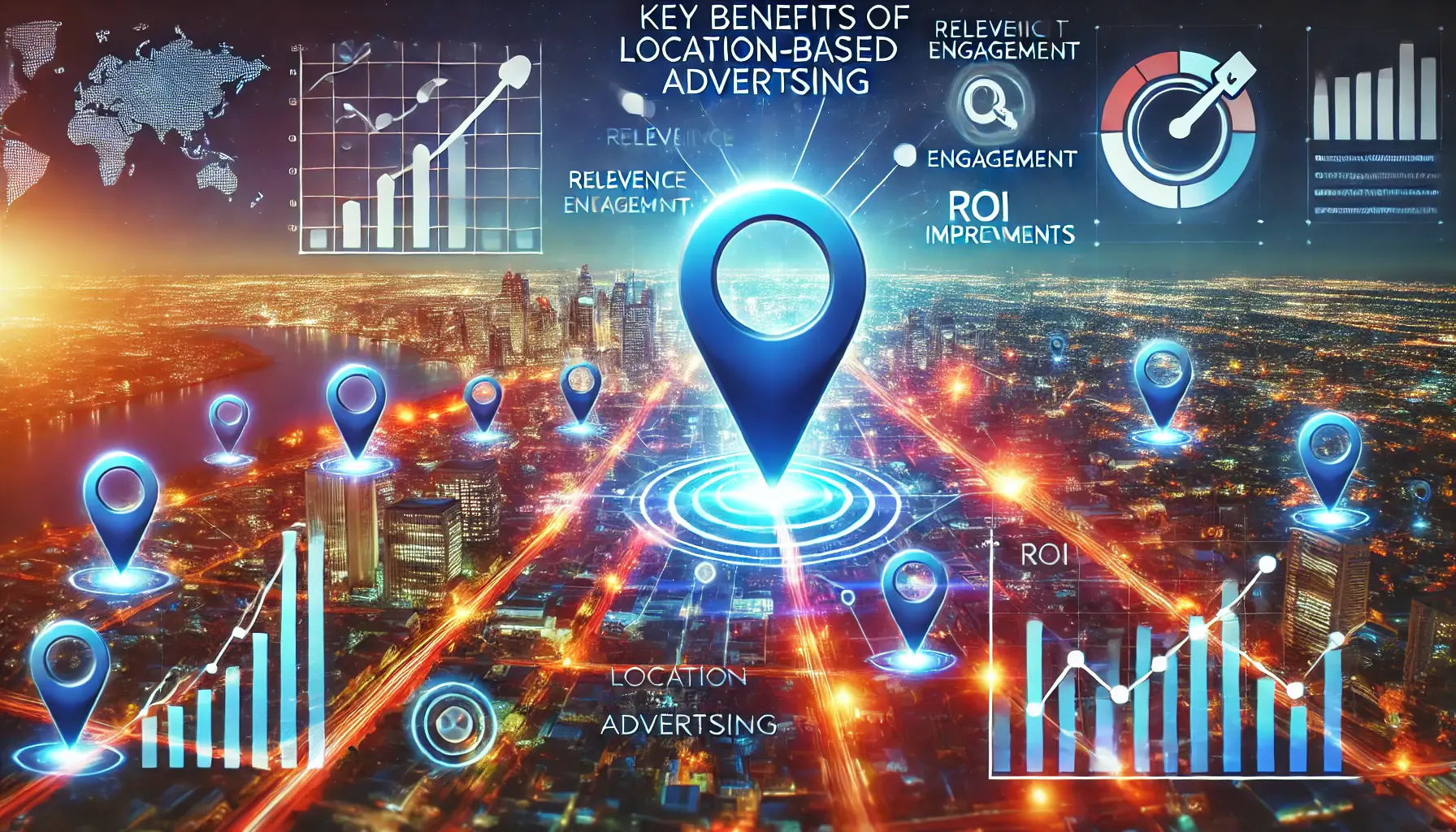 A vibrant cityscape with glowing location pins and data analytics visuals overlaying the scene, symbolizing the benefits of location-based advertising.