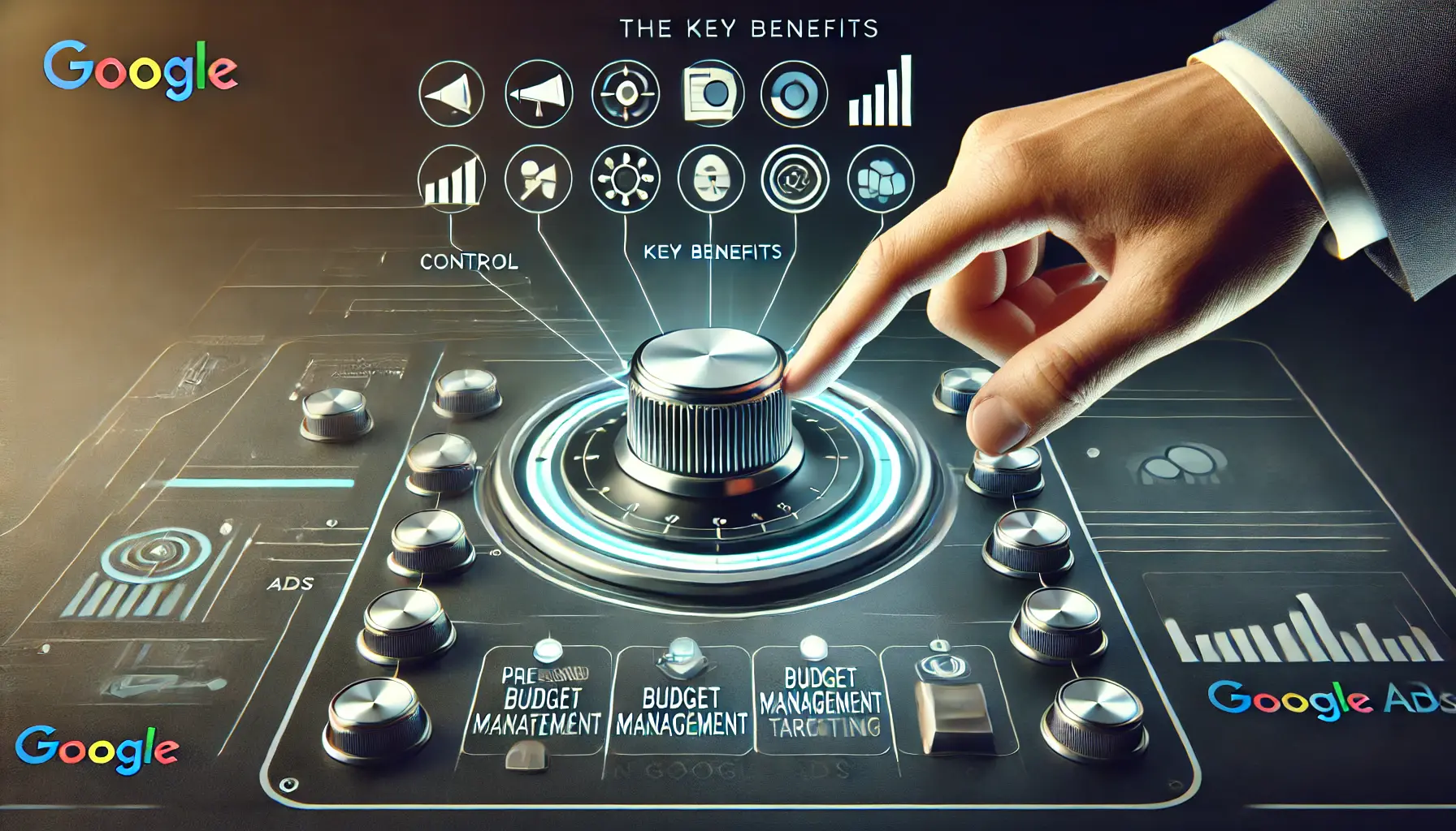 A symbolic representation of control with a hand adjusting a sleek control panel surrounded by icons for precision, budget management, and targeting, set against a digital interface background.