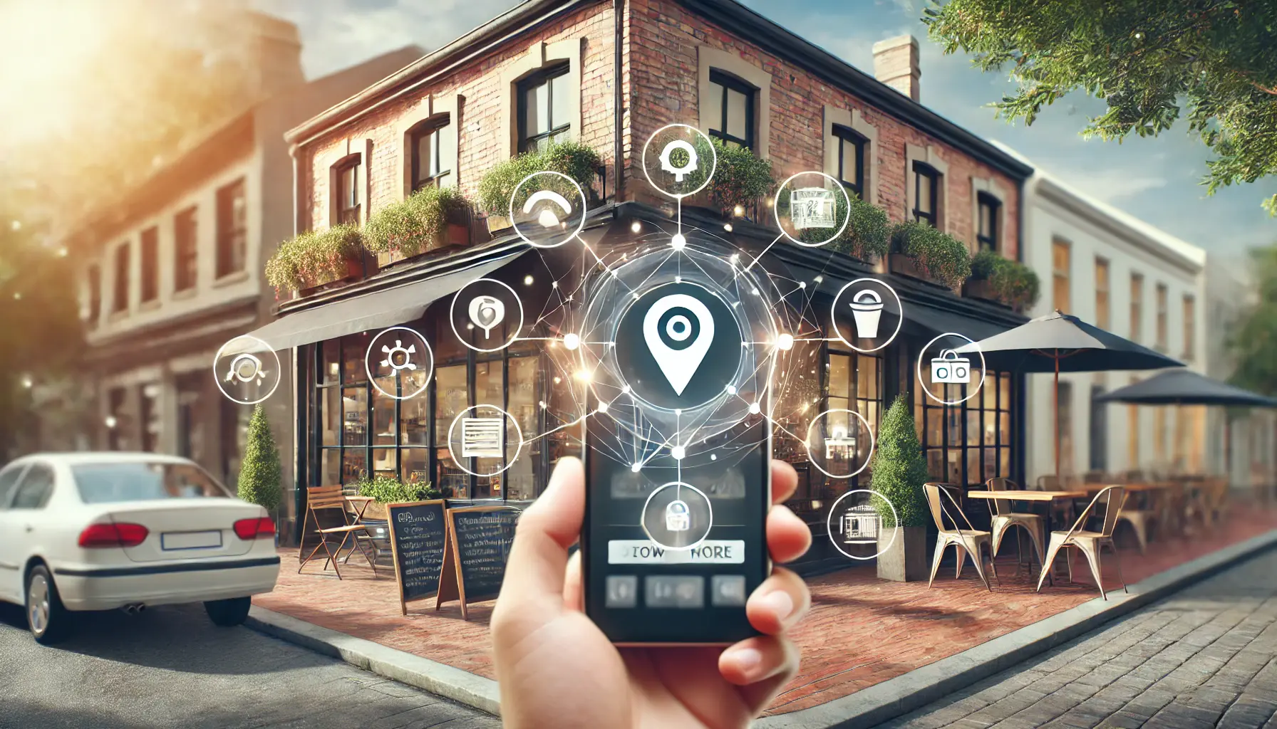 A person standing outside a small coffee shop holding a smartphone with digital signals and GPS pins emanating from the device.