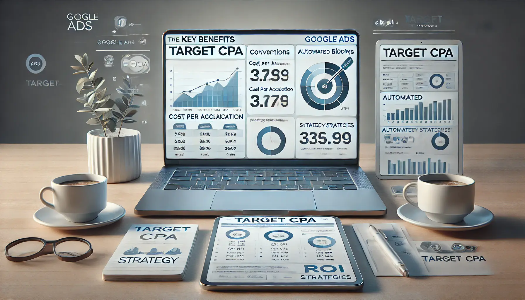 A professional digital marketing workspace with a laptop displaying Google Ads performance metrics like conversions, CPA, and ROI, a tablet showing automated bidding strategies, and a notepad with strategy notes.