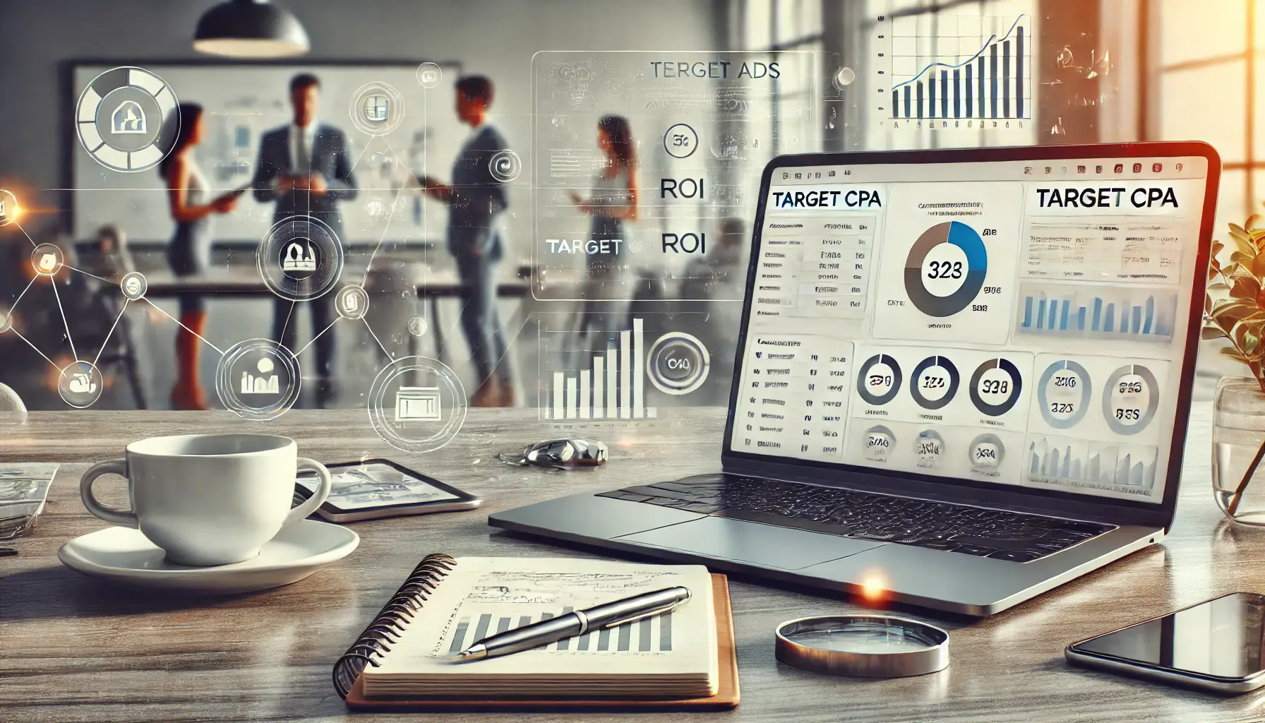 A professional workspace showcasing a Google Ads performance dashboard on a laptop, emphasizing conversions, cost efficiency, and ROI.