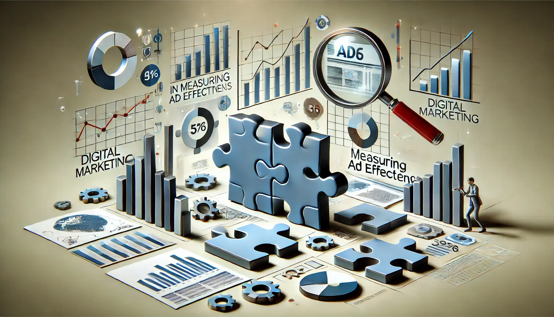 Abstract digital marketing illustration with puzzle pieces, scattered data points, and a magnifying glass representing challenges in ad effectiveness measurement.